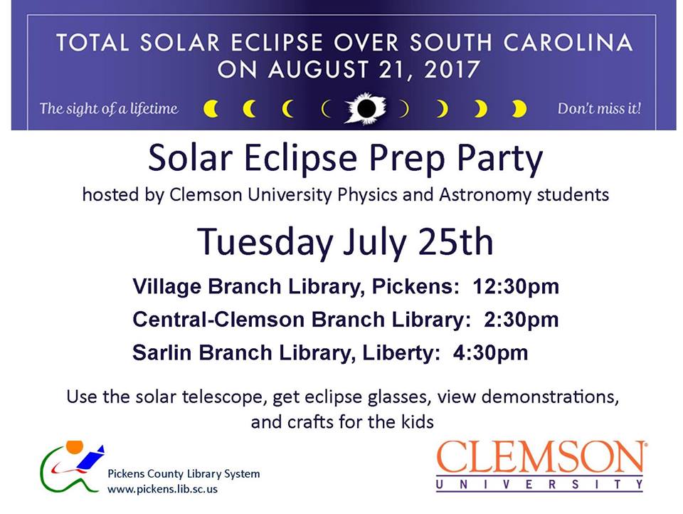 rocketfuel_alp's tweet photo. #EclipseOverClemson outreach at 3 Pickens Co. libraries TODAY-Stay cool in AC while talking about the hottest event of our lives!  #Clemson https://t.co/ozZky8tTvy