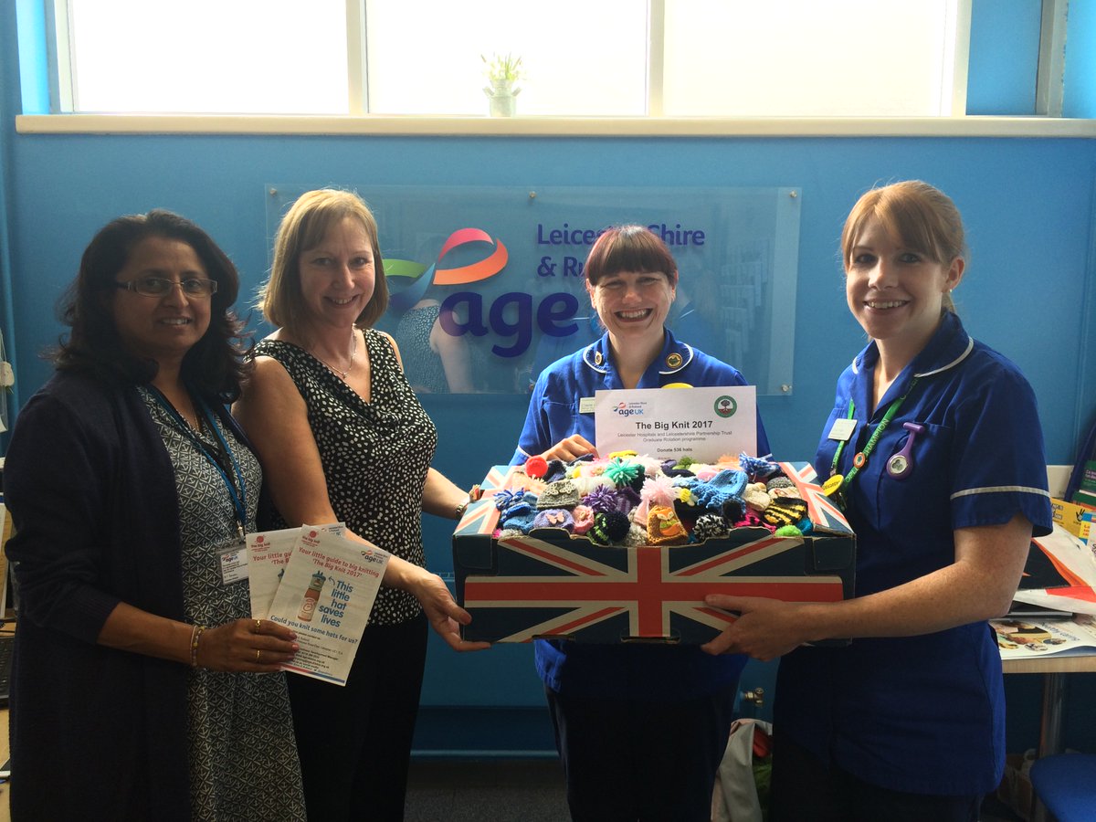 Leic_hospital's tweet photo. UHL nurses &amp; staff from @LPTnhs have picked up their knitting needles to make 536 #innocentsmoothie hats raising money for @ageukleics https://t.co/MnFkqekLa3