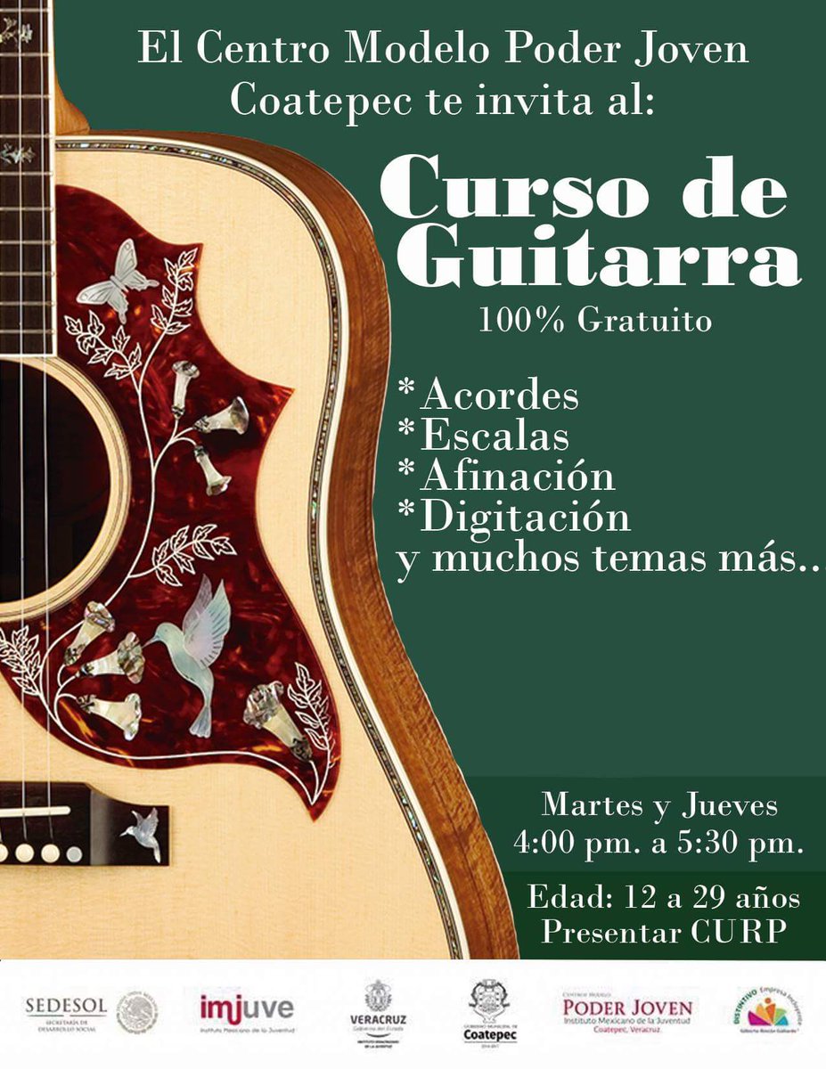 CPJCoatepec's tweet photo. Con #CursoDeGuitarra fomentamos el desarrollo integral de la Juventud.. acude a nuestro #CentroModeloPoderJoven en Palacio Mpal. de Coatepec https://t.co/x3OyfPlHr5