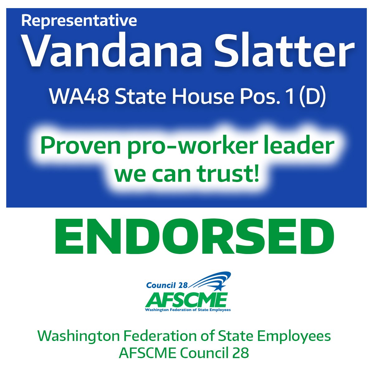 wfsec28's tweet photo. We're endorsing Rep. @SlatterVandana for state House (Pos.1) #WA48. #waelex @WAAFLCIO @AFSCME https://t.co/rp9mo2Arxu