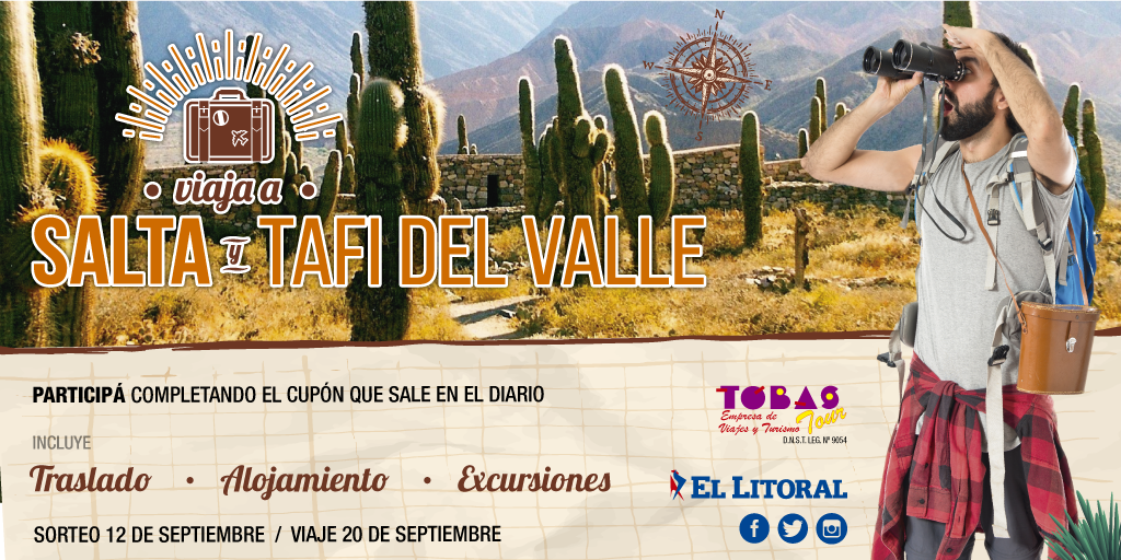 DiarioElLitoral's tweet photo. #SORTEO RT y comentá con los 3 últimos de tu DNI para participar de un viaje a #Salta y #TafíDelValle 🚌🗺😎 ellitoral.coma.r/concursos https://t.co/1TLRDNQ6Kb