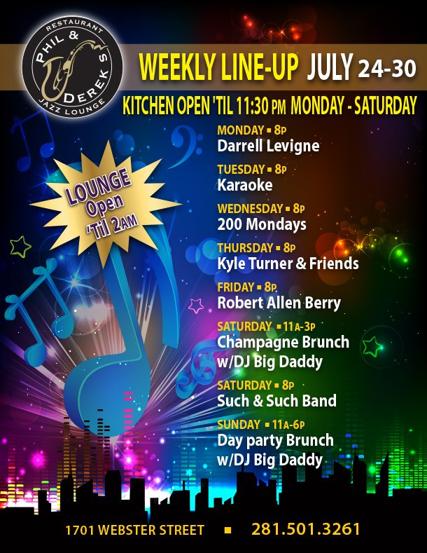 NetLevine's tweet image. Here is your line-up of entertainment at Phil &amp;amp; Derek's this week. Come join us for dinner tonight!