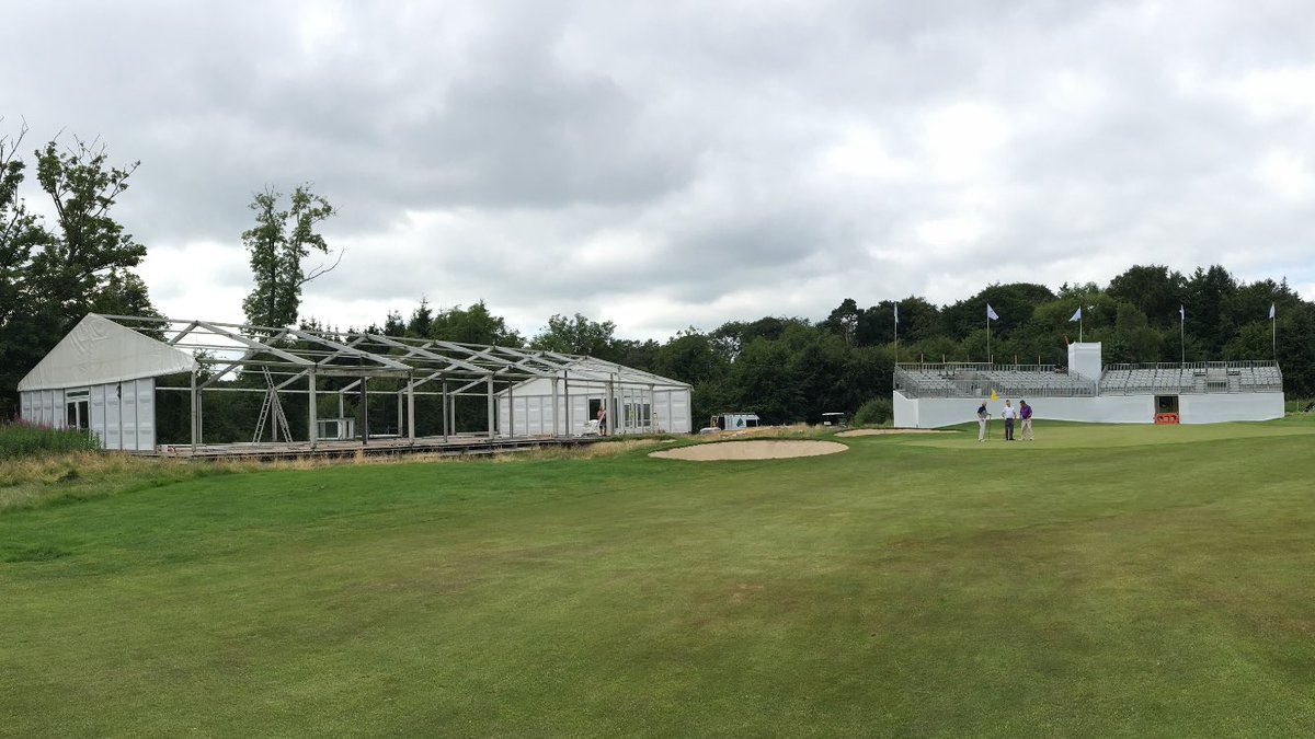GalgormGolf's tweet photo. Changing scenes at the 18th green of the #NIOpen with @NDMarquees constructing the Corporate Hospitality Lounge. @GalgormResort @modestgolf https://t.co/YOKfJpID8p