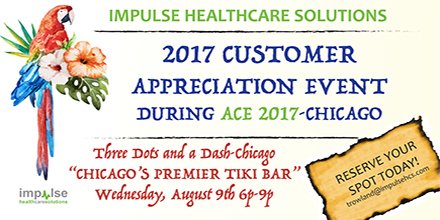 ImpulseHCS's tweet photo. Looking forward to #ACE2017! Join #ImpulseHCS at our Client Appreciation Event August 9th, 6-9p at #threedotsCHI. https://t.co/uXnZRAZzVO