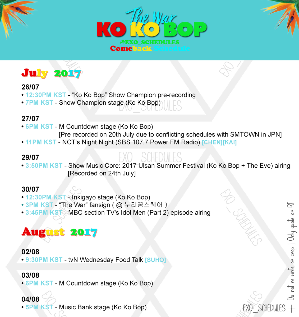 exo_schedules's tweet photo. EXO's The War comeback promotional schedule as of 170725

#EXO #TheWarEXO #KOKOBOP https://t.co/j0BKtOo3qG