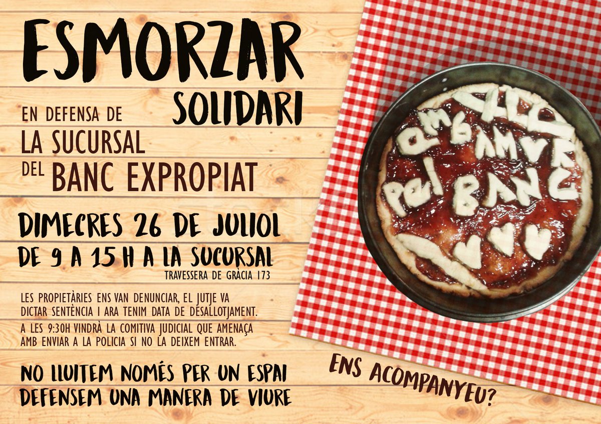 HabitatgeGracia's tweet photo. Ep! Atentes a la convocatòria! Demà  a les 9;00 totes a la sucursal del @Banc_Expropiat ! https://t.co/J8s0vFGRAD