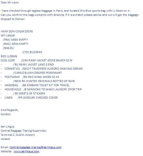 central baggage tracing aer lingus