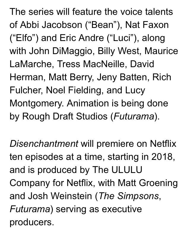 ditzkoff's tweet photo. Netflix says it has picked up Disenchantment, a new "adult animated comedy fantasy series" from Matt Groening. https://t.co/0fHmtMDLSM