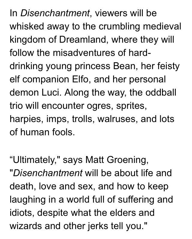 ditzkoff's tweet photo. Netflix says it has picked up Disenchantment, a new "adult animated comedy fantasy series" from Matt Groening. https://t.co/0fHmtMDLSM