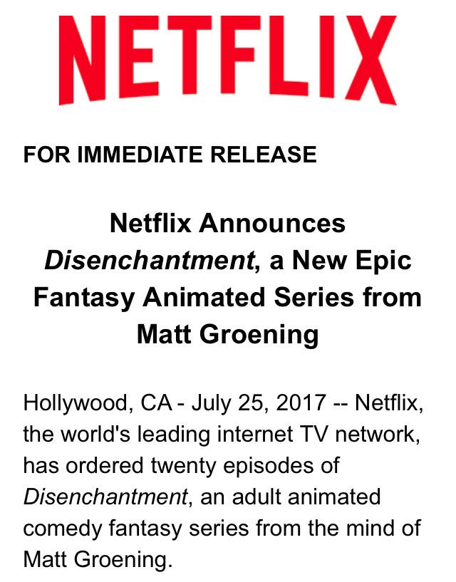 ditzkoff's tweet photo. Netflix says it has picked up Disenchantment, a new "adult animated comedy fantasy series" from Matt Groening. https://t.co/0fHmtMDLSM