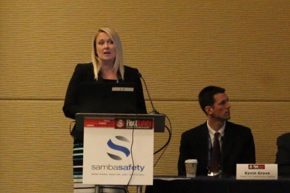 NTSB's tweet photo. Hwy Investigator Jennifer Morrison moderates panel at #FleetSafetyConference on #DriverSafetyTech & shares lessons from our investigations https://t.co/VRg4XWqrmP