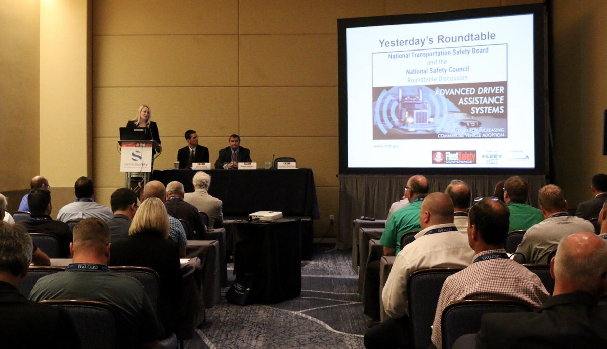NTSB's tweet photo. Hwy Investigator Jennifer Morrison moderates panel at #FleetSafetyConference on #DriverSafetyTech & shares lessons from our investigations https://t.co/VRg4XWqrmP