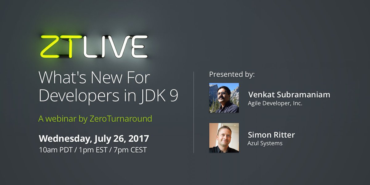 JRebel_Java's tweet photo. Attending tomorrow's webinar? Got JDK 9 questions for @speakjava and @venkat_s? Tweet with #ZTLive and we'll get your questions answered! https://t.co/96BJByIphQ