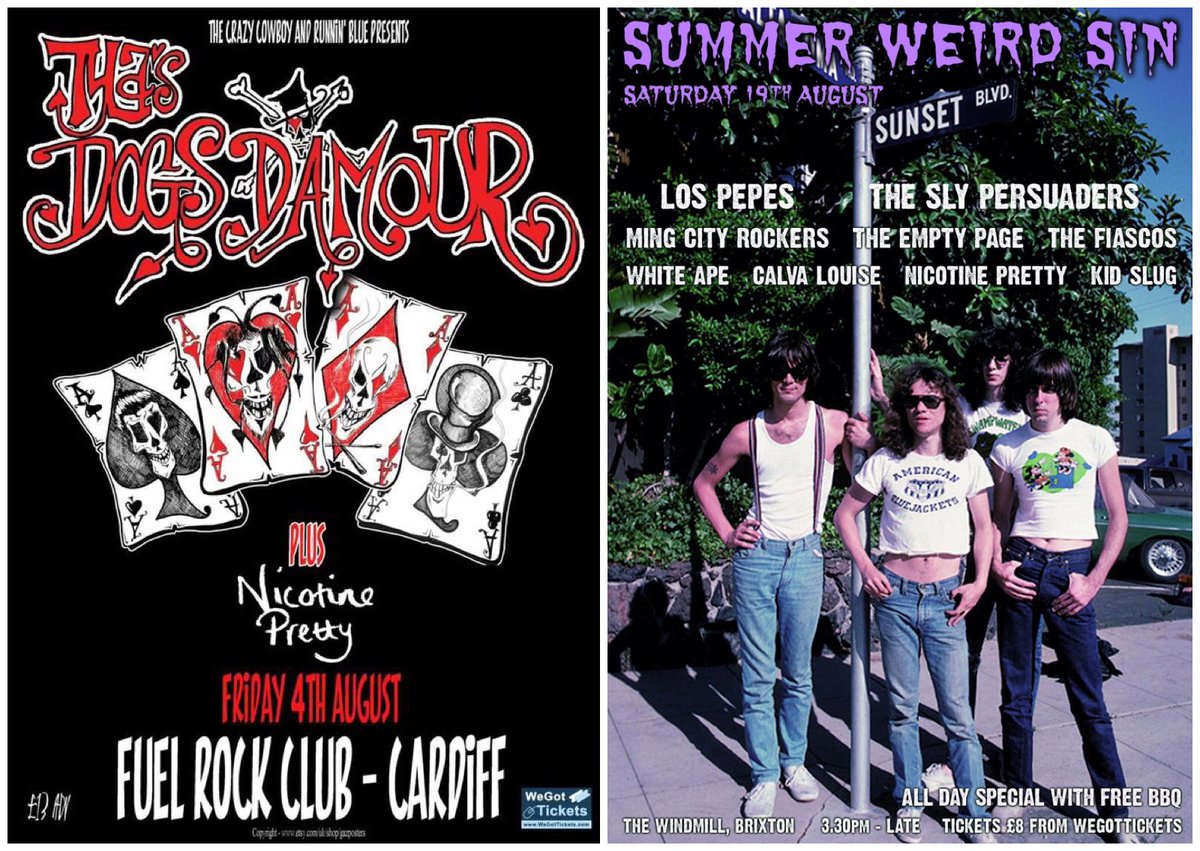 August live outings...

4/8/17 - <a href="/FuelCardiff/">Fuel Rock Club</a>, Cardiff w/ <a href="/TylaPallas/">Tyla J. Pallas</a>' Dogs D'Amour.

19/8/17 - <a href="/someweirdsin_/">Some Weird Sin</a> at <a href="/WindmillBrixton/">Windmill Brixton</a>, London.