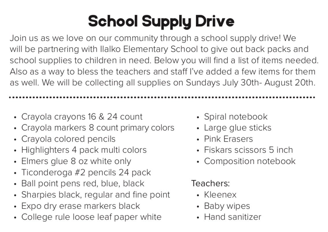 ffclakeland's tweet photo. We will be collecting supplies to bless the children at Ilalko Elementary School! Please consider bringing in some of the listed items. ✏️ https://t.co/BAL8vYv9xY