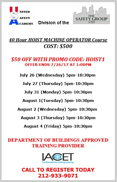 USAcademyLTD's tweet photo. #NYC #Departmentofbuildings courses! 40hr #HoistMachineoperator Starts tomorrow! Call to register and for discount! #Hoisting #NYCDOB https://t.co/39bmwvxFE0