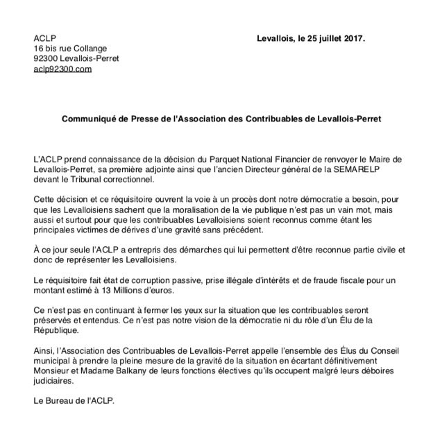 aclp92's tweet photo. Réaction de l'association des contribuables de #Levallois au renvoi de Patrick #Balkany en correctionnelle par le #PNF. https://t.co/FDrcnPFeDn