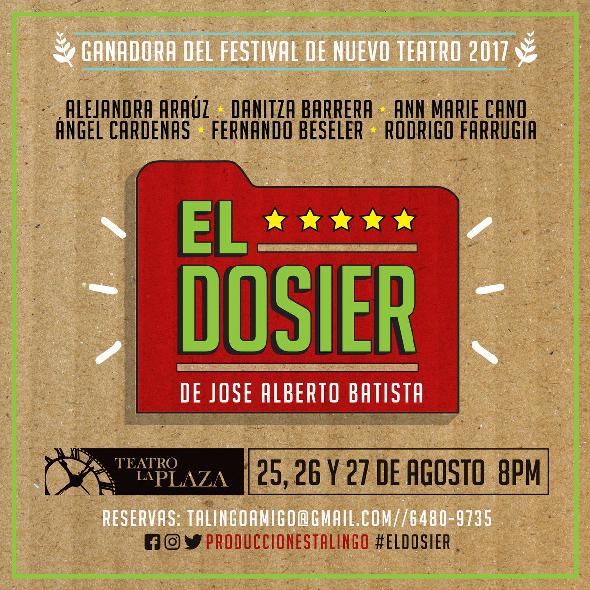 ¡En un mes regresamos con #ElDosier, la comedia ganadora del #FNT2017! 
Tres funciones -Teatro La Plaza - 8PM. 
¡Boletos a $10.00!