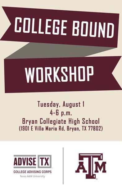 BryanISD's tweet photo. College Bound Workshop 4-6 p.m. Aug. 1 @Collegiate_BISD. Please visit https://t.co/K67fn1Nu1t for questions. #HighSchoolSeniors #CollegPrep https://t.co/9pNnDF3uje