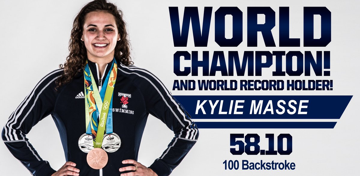 Varsity_Blues's tweet photo. WORLD CHAMPION! WORLD RECORD! @KJMasse wins the women's 100 backstroke at #FINABudapest2017 in a world record time of 58.10! #WeAreTO https://t.co/ZJ7psShtLp