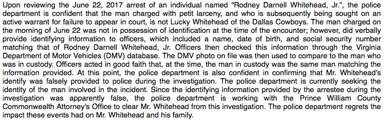 JoeTrahan's tweet photo. Here's the statement from Virginia police one the Lucky Whitehead case.
#WrongID https://t.co/B4faPbU9AT