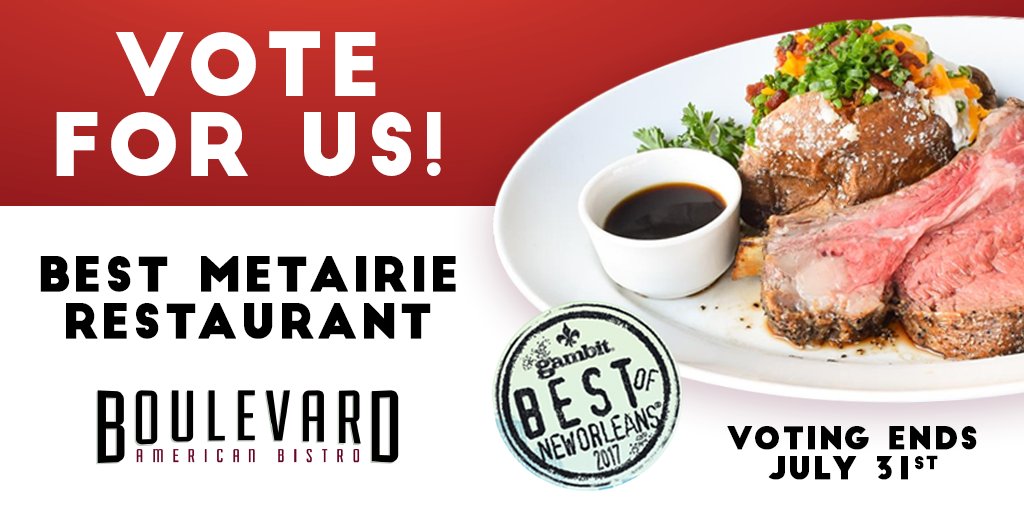 theblvdbistro's tweet photo. We're in the running for Best #Metairie Restaurant!🍴 Let @The_Gambit know your favorite #NOLA places: https://t.co/xFHSVaS1a4 #BONO2017 https://t.co/VAOyryvlKs