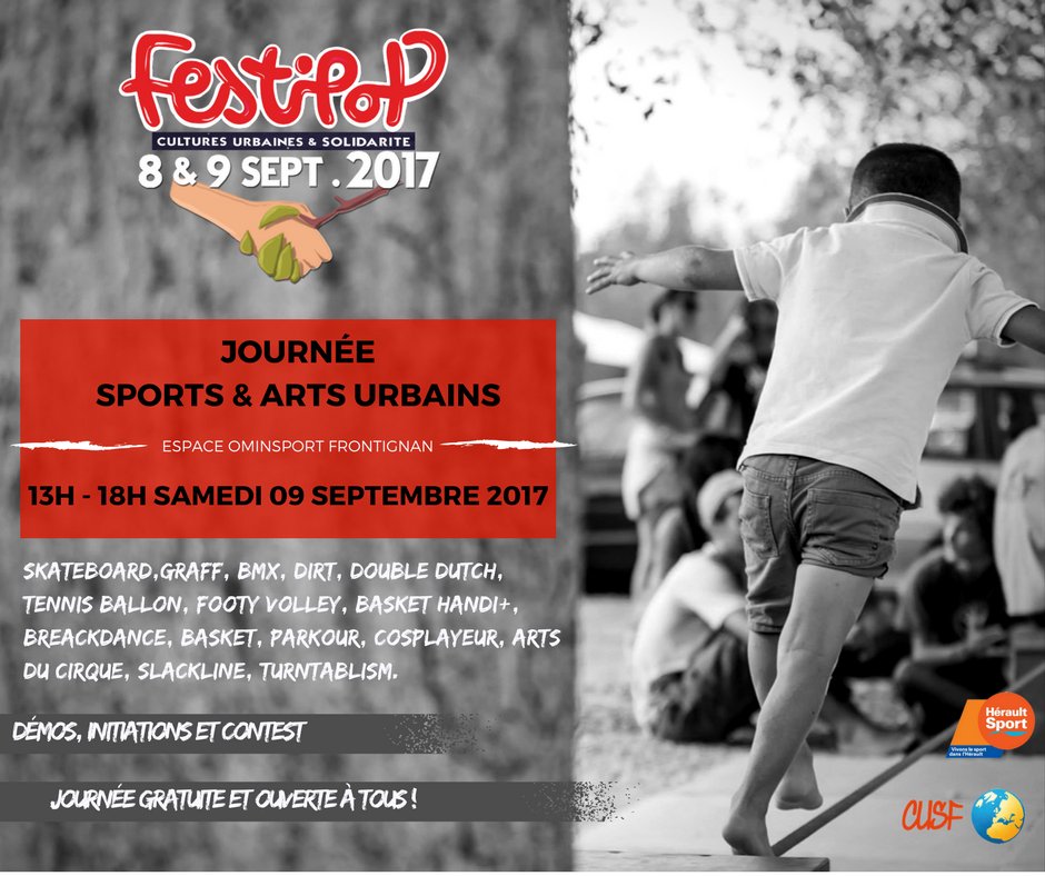 Festipop's tweet image. Le samedi 09 Septembre dès 13h la journée est consacrée aux sports et arts urbains, ouvert à tous !