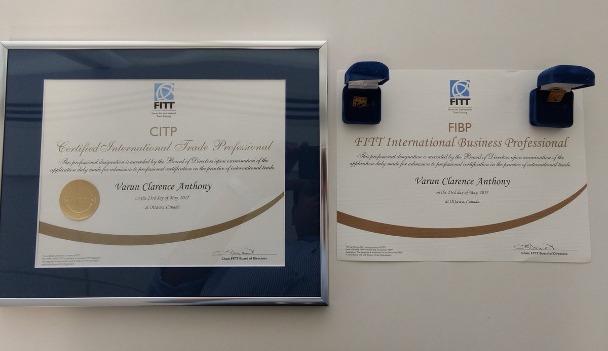 Varunanthony's tweet photo. Honoured and Empowered by the #CITP #FIBP designation bestowed by @FITTNews - Empowered to bring more #Canadian clients to the Indian market https://t.co/Zr2jJd1Yso