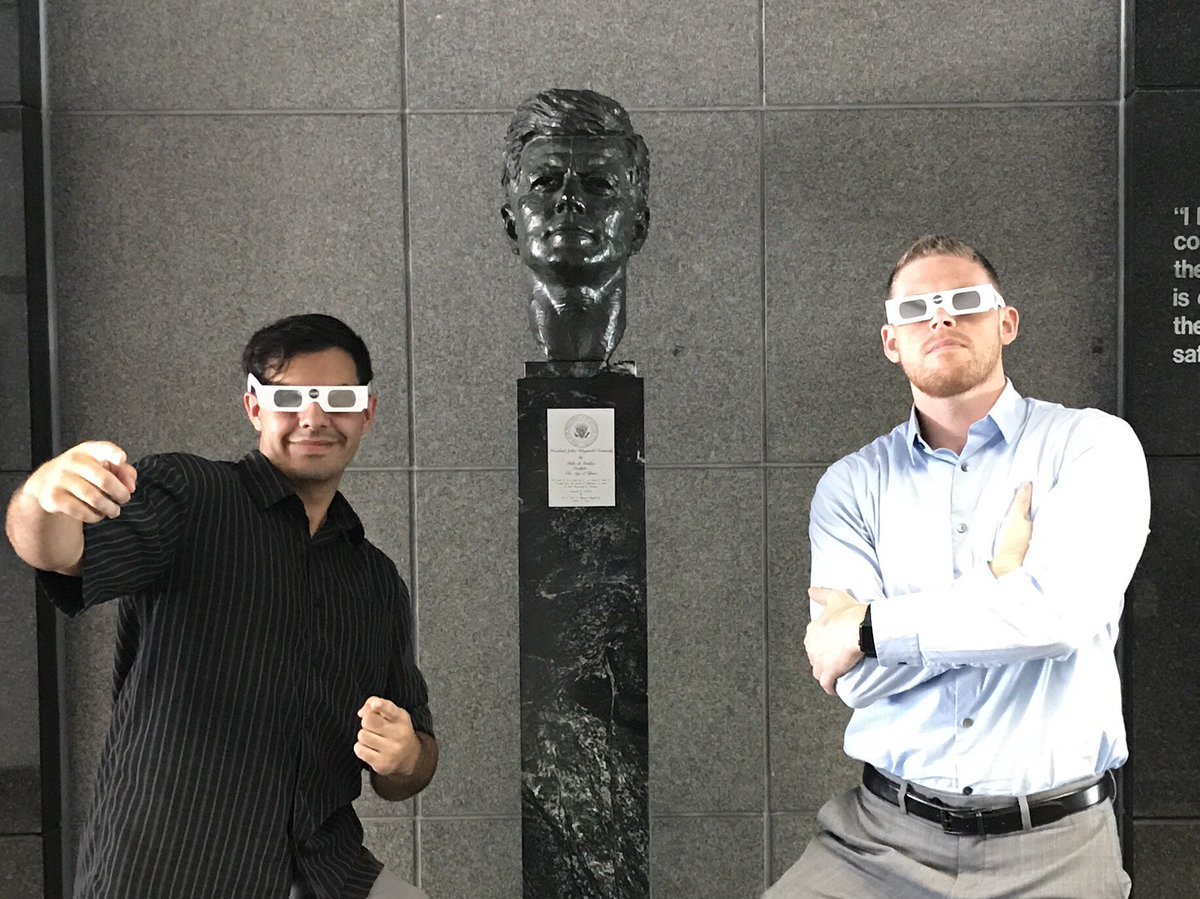 NASAInterns's tweet photo. Interns at @NASAKennedy show their excitement for #eclipse2017 by remembering the man who challenged us to go to the Moon! #InternEclipse https://t.co/ZsfbmUt55c