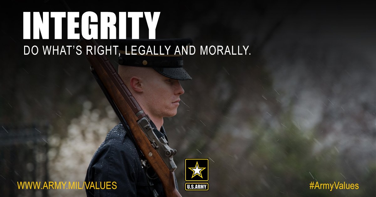#TuesdyThoughts
#USArmy doing what's right; legally and morally – Integrity #ArmyValues 
army.mil/values