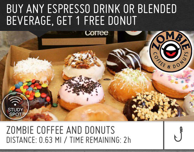 zombiecoffeeath's tweet photo. If you use the @hooked_app, buying any espresso drink or blended beverage in the next 2 hours will get you a free donut. Stop on by! 🍩 ☕️ https://t.co/DLPgsM64h3