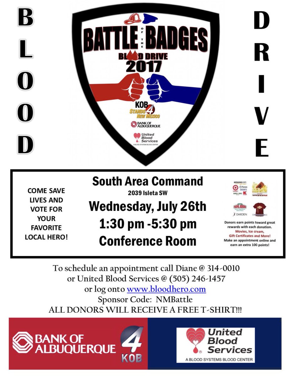 BCSONM's tweet photo. The Battle of the Badges Blood Drive will be at the South Area Command Center tomorrow July 26. Stop by and save a life! #TeamLawEnforcement https://t.co/B9vo1VtZxq