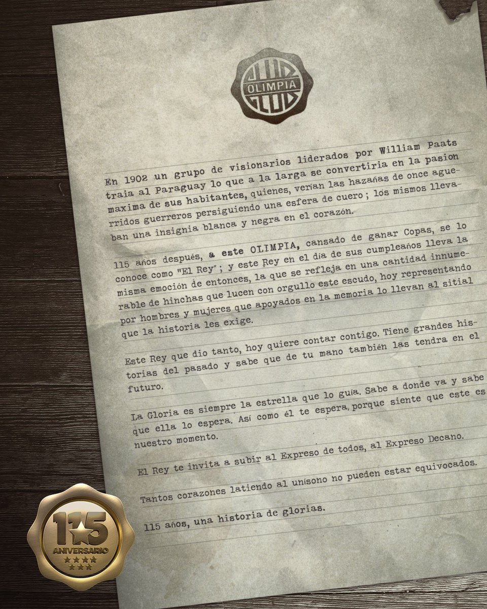 elClubOlimpia's tweet photo. ✉️Una carta para todos los olimpistas del mundo🌎.
Sumate a #ElExpresoDeTodos🚂, asociate al Club más importante del Paraguay 🇵🇾
#Olimpia115 https://t.co/KMfDMLQbdM