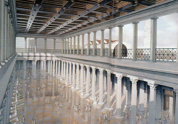 HawkeJon's tweet photo. Artist impression of the #Basilica #Ulpia in the #Forum of #Trajan. Measuring 117X55m. A 50m high roof was finished with bronze guilt tiles. https://t.co/VADii2OSNO