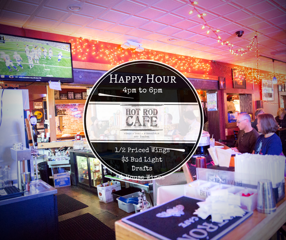 HotRodCafeNL's tweet photo. Happy hour tonight 4-6pm! 1/2 Priced Wings, $3 Bud Lights and House Wines.
#HotRodCafe #NewLondon #Wings #Beer #Atmosphere https://t.co/cEeV2JmBVq