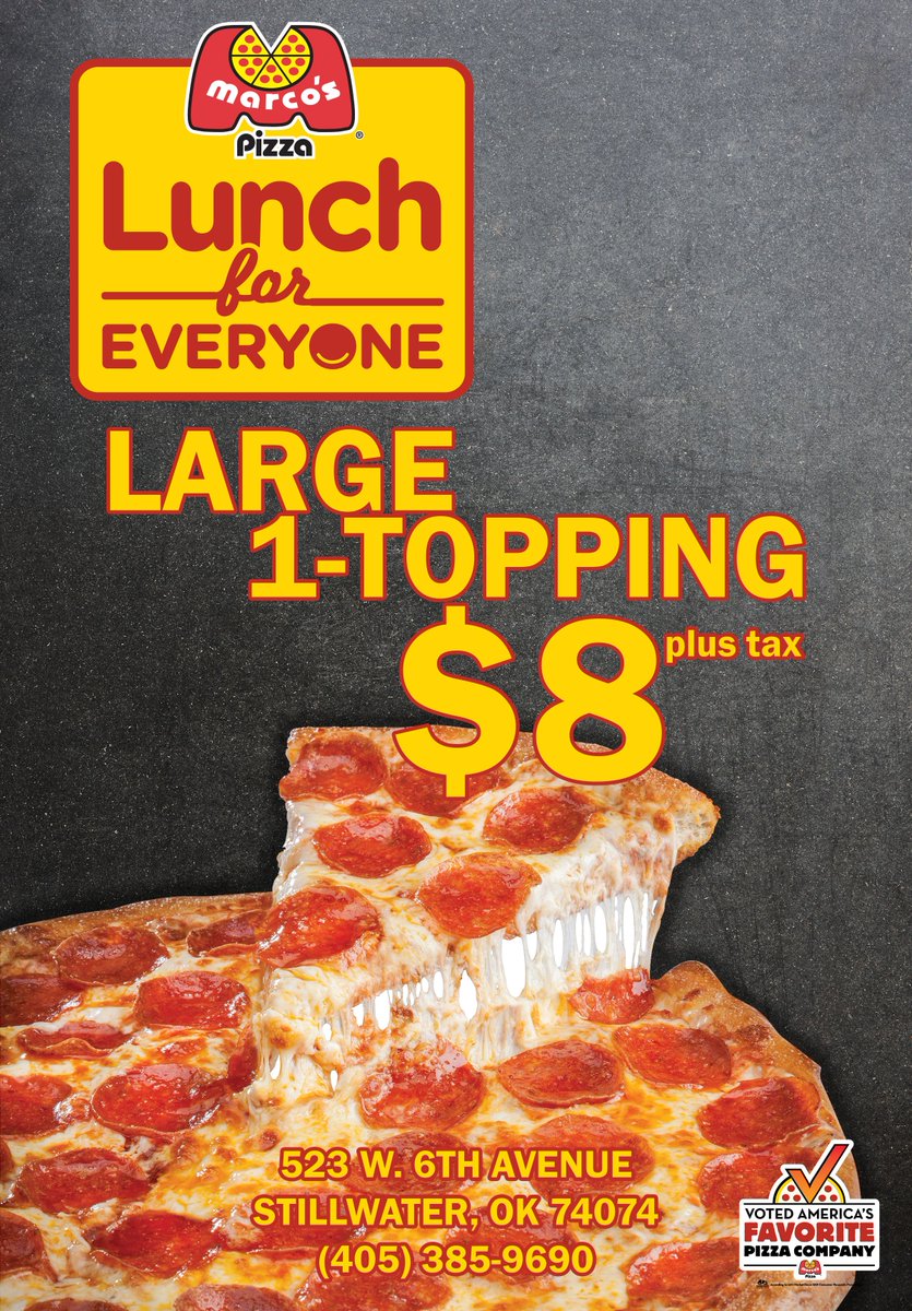 MarcosPizzaSTW's tweet photo. Come by and grab one of our new lunch deals!
Large 1-Topping Pizza $8 plus tax.
Available until 2pm.
#LunchForEveryone
#MarcosPizza https://t.co/rIBrKwoCKH