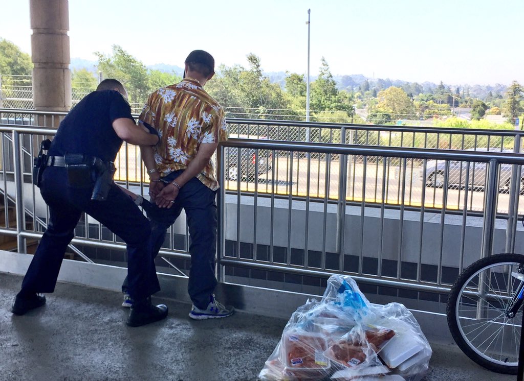CarlosJr62's tweet photo. #BARTdelay #policeactivity du jour: man with bicycle, needle, and a huge bag of raw meat pulled off train at Castro Valley station https://t.co/NoEtNf7rX9