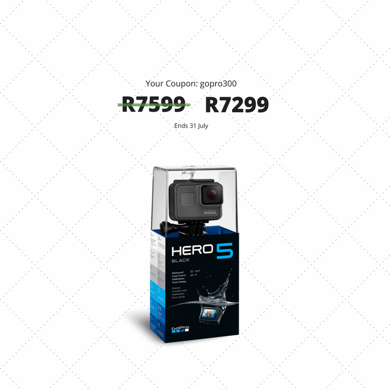 ShopAsia_ZA's tweet photo. GoPro Hero 5 Black promo, save R300. Use the coupon "gopro300". Get it here for R7,299: https://t.co/hMdphdXFz9 https://t.co/gWxTRLrbaR
