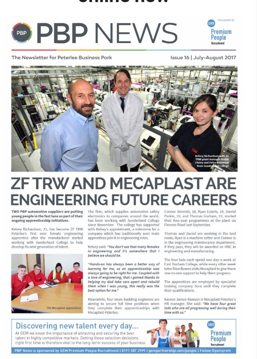 soragroup's tweet photo. Four of our apprentices who are employed @MecaPeterlee are on the front page of the @PeterleeBiz newsletter. Great to see them doing well! https://t.co/jvP3e82AHH