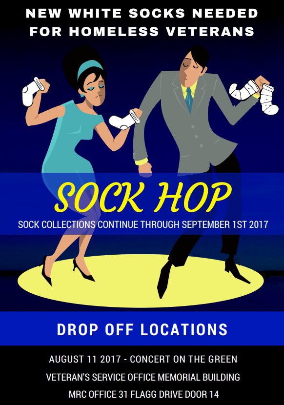 New white socks needed for homeless #Veterans
Drop off: Memorial Building - Veterans Office / Concert on the Green Aug 11 / MRC office