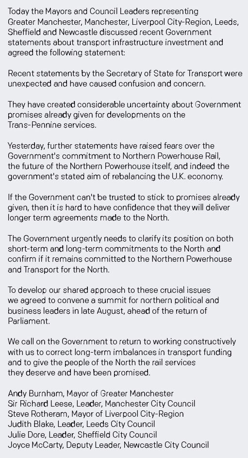 MayorofGM's tweet photo. Read below a statement agreed by Northern leaders in response to the Government's recent announcement on transport investment. #Crossrail2 https://t.co/PLmW9GVZy4