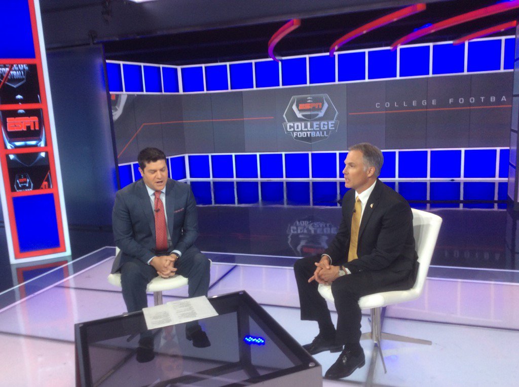 WakeFB's tweet photo. Coach taking his turn on the set with ESPN's Doug Kezirian. #ESPNACC https://t.co/qb0oNyLqvw