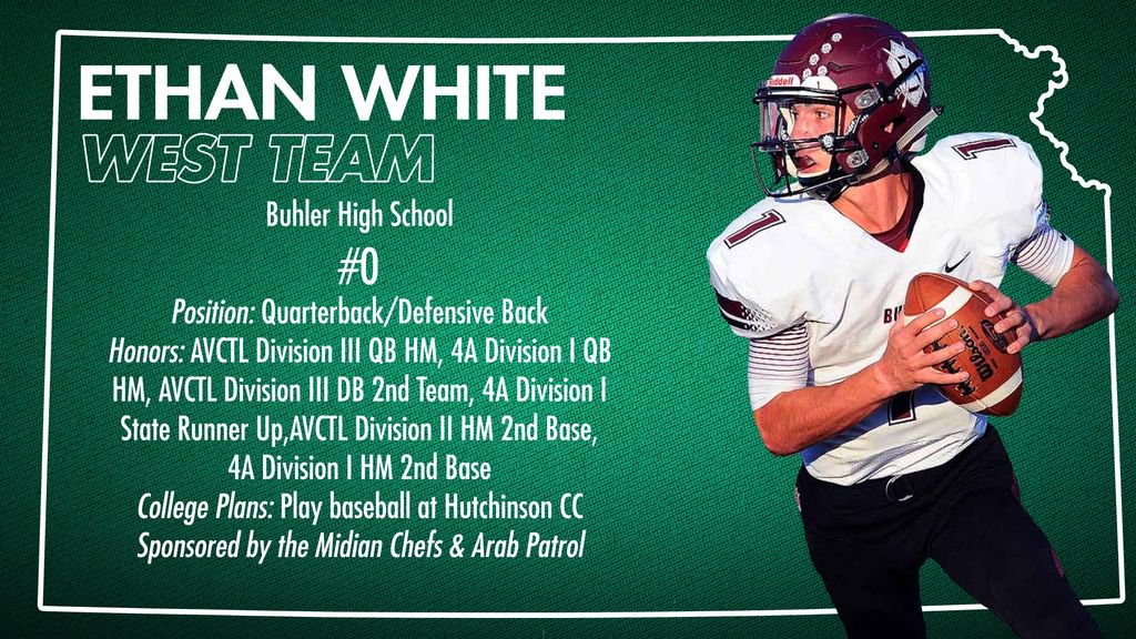 KSShrineBowl's tweet photo. Check out @5ewhite5 from Buhler High School! He'll represent #WestSquad in #ShrineBowl44. https://t.co/gL3lKmW0kA