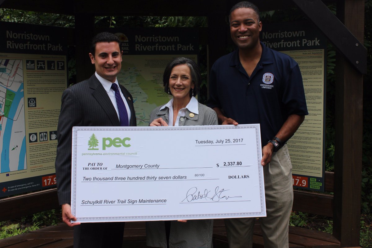 montco_pa's tweet photo. @PECPA presented the #MontcoPA Commissioners with a check to begin a maintenance fund for the trailhead sinage on the Schuykill River Trail! https://t.co/Fsr7lFbxL7