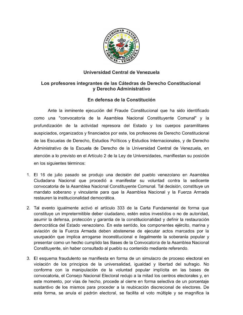 Ucvismo's tweet photo. Pronunciamiento de los profesores de las cátedras de Derecho Constitucional y Derecho Administrativo de la #UCV https://t.co/tCiT2yPoa4