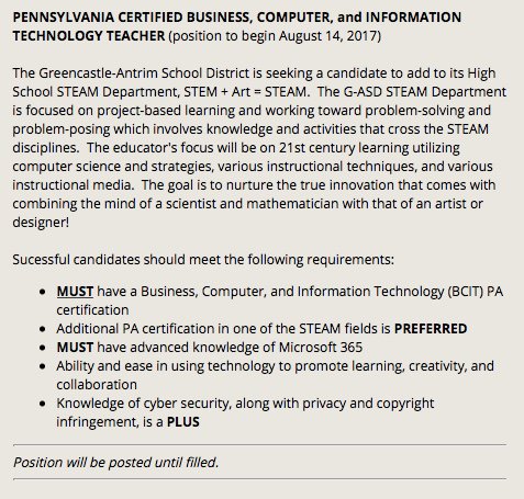 TaraByteTeacher's tweet photo. Join our STEAM program at @gcasd_k12 in Greencastle, PA. Admin encourages innovative teaching practices. #ITA17 https://t.co/GyWQNQIqlO