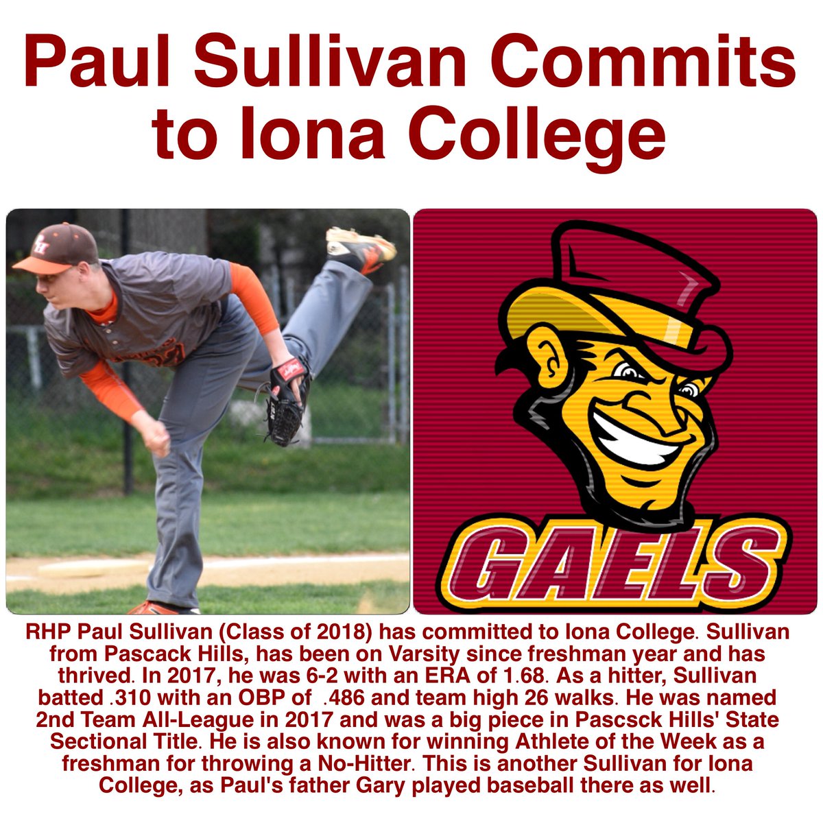 PascHillsPast's tweet photo. Congrats to @paulsullivan22 on committing to @IonaBaseball #HillsBaseball #StriveForGreatness https://t.co/B3z7SitsYy