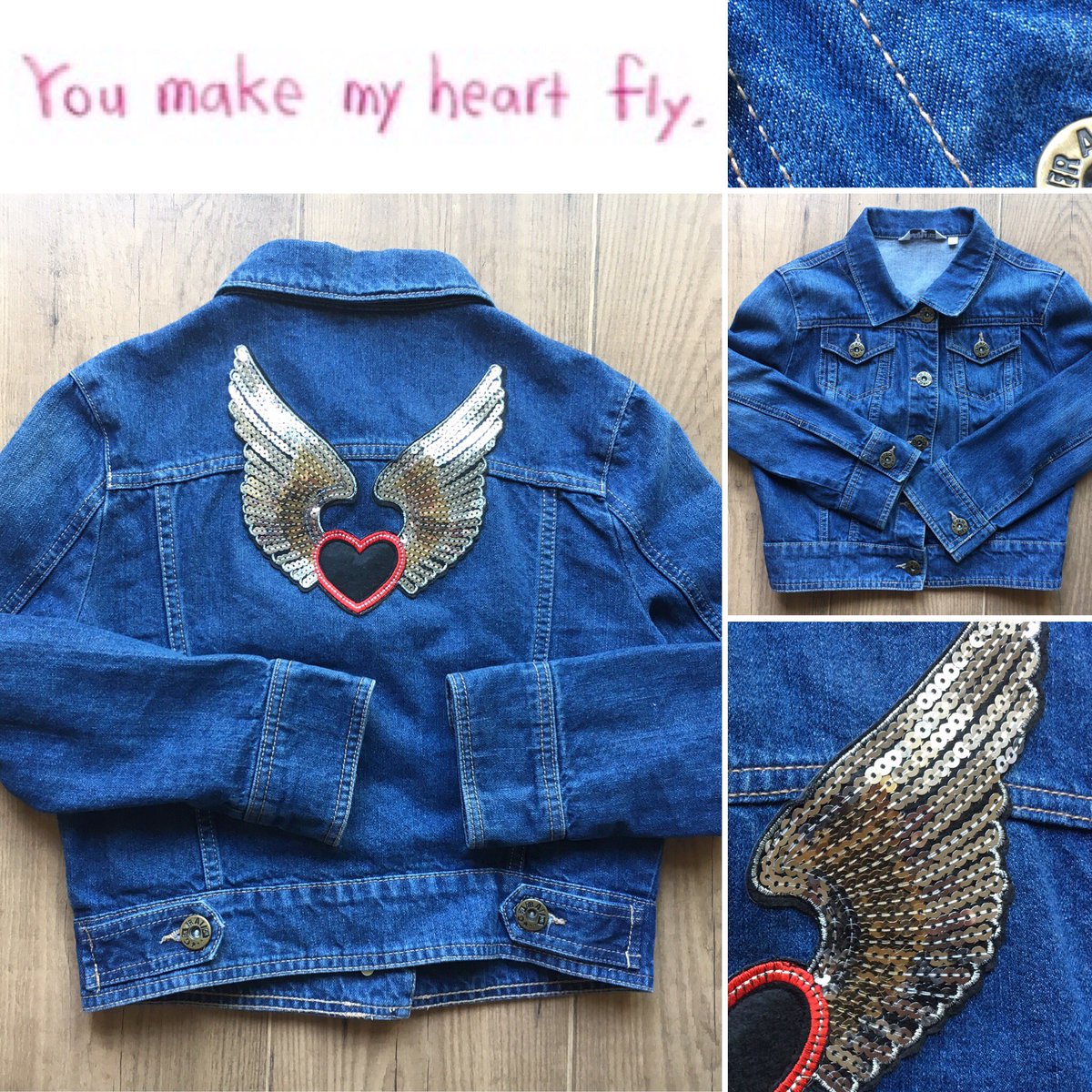 Embellished teen denim jacket with sequinned flying heart design. quintonclothing.com. £29.99. 14 yrs. #teenfashion #sequin #style