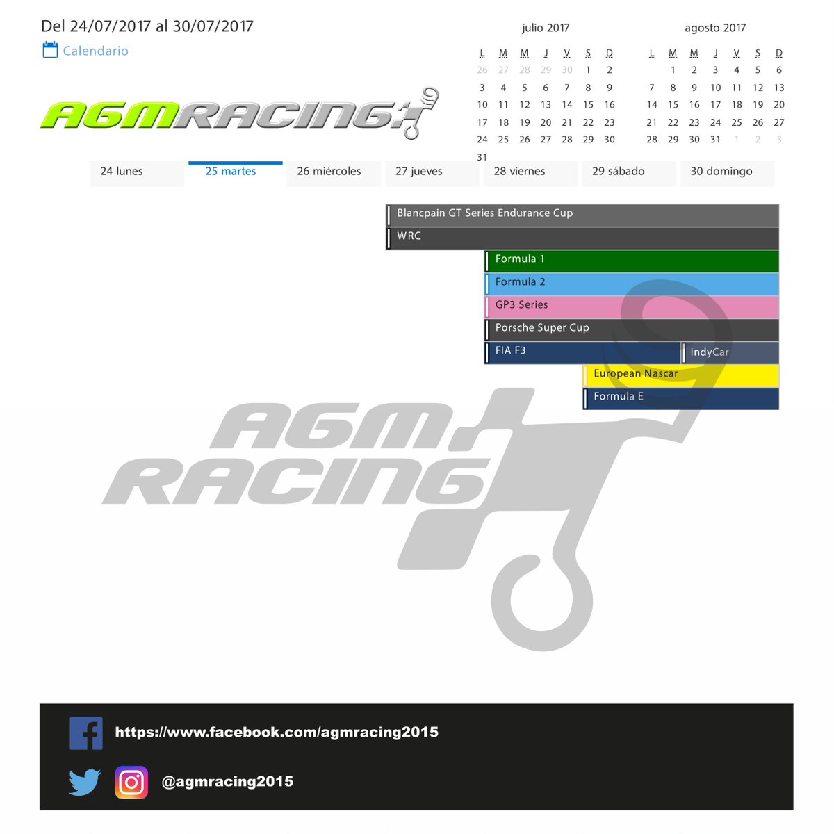 agmracing2015's tweet photo. #Agenda #Semanal #BlancpainGT #24hSPA #WRC #F1 #F2 #GP3 #PorscheSuperCup #F3 #EuroNascar #FormulaE #IndyCar #AGMRACING https://t.co/U5s58yMb2K