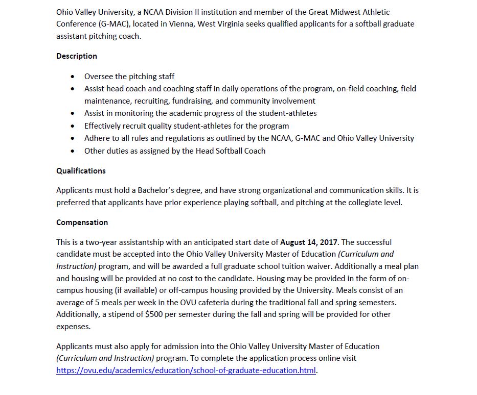 OVU_athletics's tweet photo. .@OVUSOFTBALL17 is in search of a Graduate Assistant Pitching Coach! Follow directions in the description to apply! #GoScots https://t.co/EdQl65WjNy
